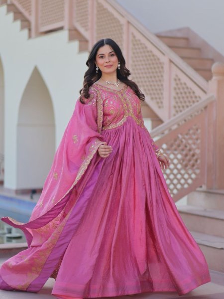 Fuchsia Pink Gold Crush Gown with Dupatta Wedding Set 