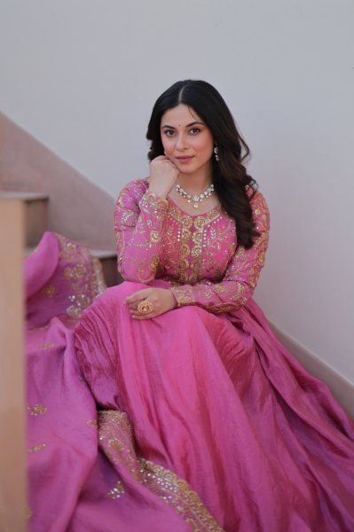 Fuchsia Pink Gold Crush Gown with Dupatta Wedding Set Anarkali Kurtis 