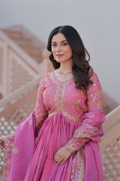 Fuchsia Pink Gold Crush Gown with Dupatta Wedding Set Anarkali Kurtis 