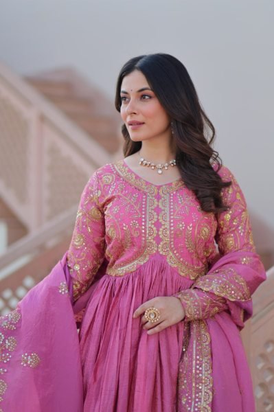Fuchsia Pink Gold Crush Gown with Dupatta Wedding Set Anarkali Kurtis 
