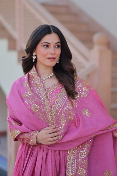 Fuchsia Pink Gold Crush Gown with Dupatta Wedding Set Anarkali Kurtis 