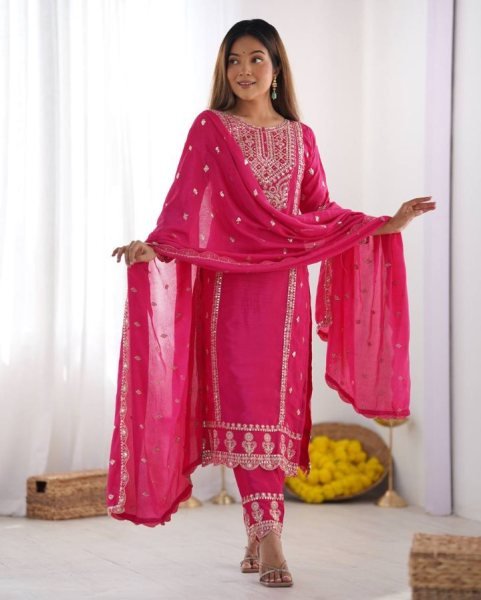 Full Pink Chinnon Heavy Embroidery Work Suits And Dupatta Set 