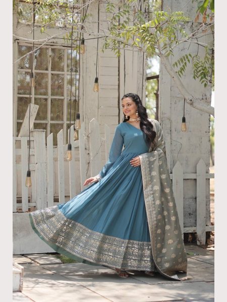 Full Sleeves With Sequence Embroidered Work Gown With Dupatta   Plus Size Kurti / Gown