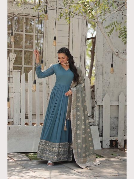 Full Sleeves With Sequence Embroidered Work Gown With Dupatta   Plus Size Kurti / Gown