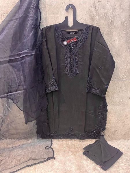 Black Viscose Silk Pakistani Suit with Organza Dupatta Hoor Tex HF-98 C Salwar Kameez
