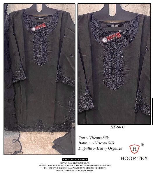 Black Viscose Silk Pakistani Suit with Organza Dupatta Hoor Tex HF-98 C Pakistani Suits Wholesale