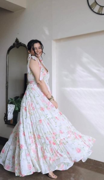Fully Ruffle Flair White Printed Georgette Gown Pant   Dupatta 3 Piece Kurti Set
