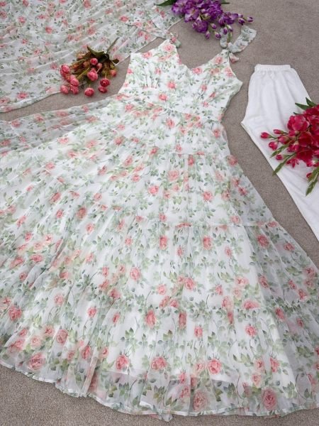 Fully Ruffle Flair White Printed Georgette Gown Pant   Dupatta 3 Piece Kurti Set