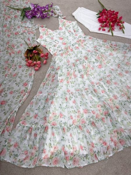 Fully Ruffle Flair White Printed Georgette Gown Pant   Dupatta 3 Piece Kurti Set