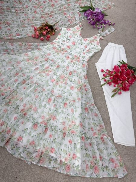 Fully Ruffle Flair White Printed Georgette Gown Pant   Dupatta 3 Piece Kurti Set