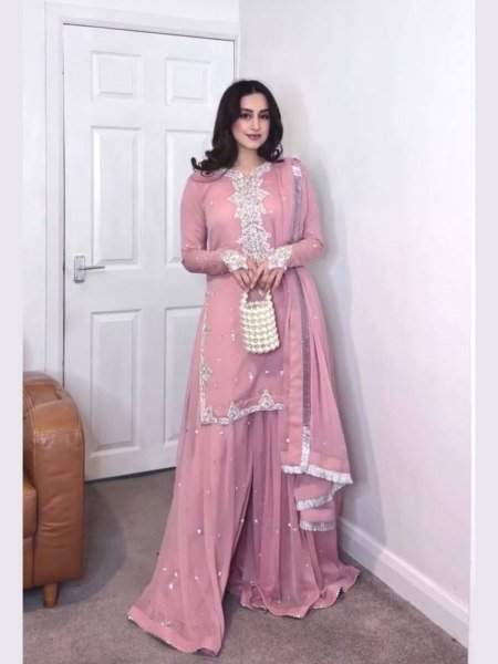  Elite Glam Faux Georgette Embroidered Kurti Plazzo Set with Dupatta Ready to Wear Party Look 