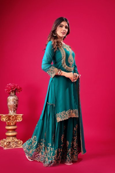 Fully Stitched Ethnic Teal Blue Outfit in Faux Georgette with Embroidered Sequin Work, Elasticated Palazzo for Occasion Wear Ready To Wear Collection
