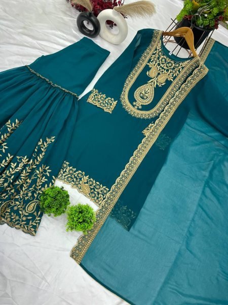Fully Stitched Ethnic Teal Blue Outfit in Faux Georgette with Embroidered Sequin Work, Elasticated Palazzo for Occasion Wear Ready To Wear Collection