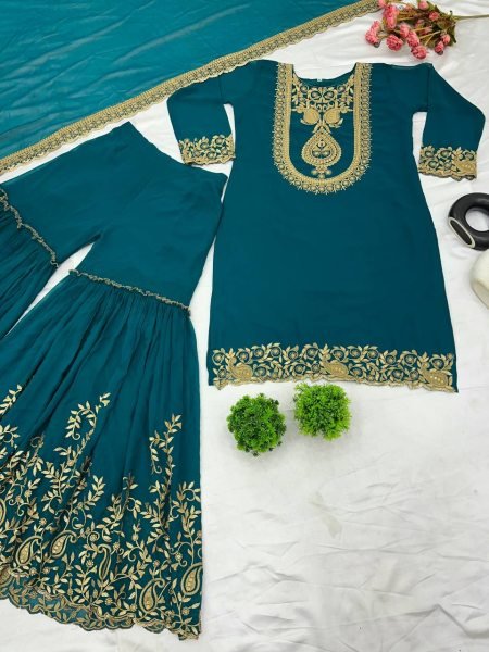 Fully Stitched Ethnic Teal Blue Outfit in Faux Georgette with Embroidered Sequin Work, Elasticated Palazzo for Occasion Wear Ready To Wear Collection