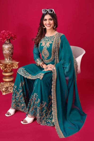 Fully Stitched Ethnic Teal Blue Outfit in Faux Georgette with Embroidered Sequin Work, Elasticated Palazzo for Occasion Wear Ready To Wear Collection