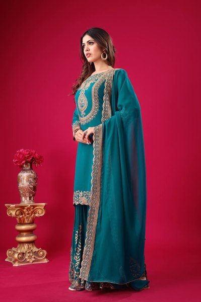 Fully Stitched Ethnic Teal Blue Outfit in Faux Georgette with Embroidered Sequin Work, Elasticated Palazzo for Occasion Wear Ready To Wear Collection