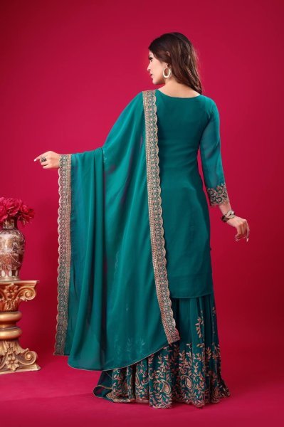 Fully Stitched Ethnic Teal Blue Outfit in Faux Georgette with Embroidered Sequin Work, Elasticated Palazzo for Occasion Wear Ready To Wear Collection