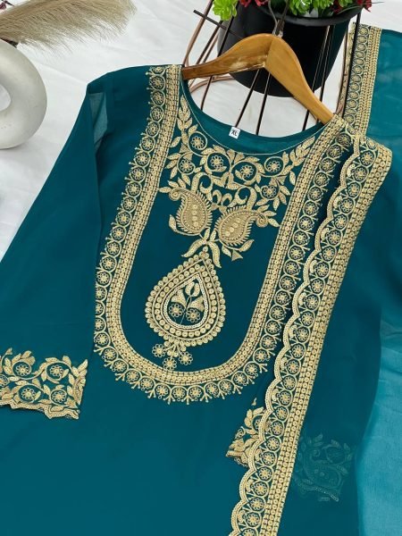 Fully Stitched Ethnic Teal Blue Outfit in Faux Georgette with Embroidered Sequin Work, Elasticated Palazzo for Occasion Wear Ready To Wear Collection