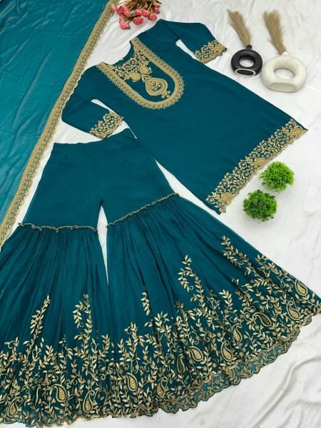Fully Stitched Ethnic Teal Blue Outfit in Faux Georgette with Embroidered Sequin Work, Elasticated Palazzo for Occasion Wear Ready To Wear Collection