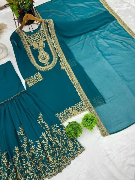 Fully Stitched Ethnic Teal Blue Outfit in Faux Georgette with Embroidered Sequin Work, Elasticated Palazzo for Occasion Wear Ready To Wear Collection