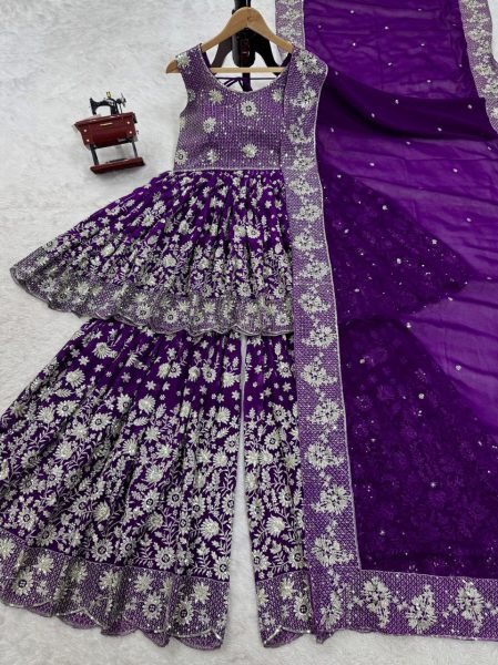 Fully Stitched Faux Georgette Suit with Thread Embroidery   Elegant Lace Border Dupatta for Festive Wear Ready To Wear Collection