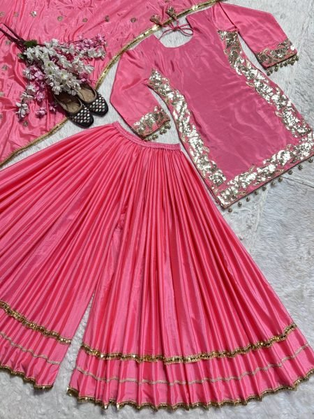 Fully Stitched Heavy Chinnon Silk Sharara Outfit with Embroidered Dupatta For Women Ready To Wear Collection
