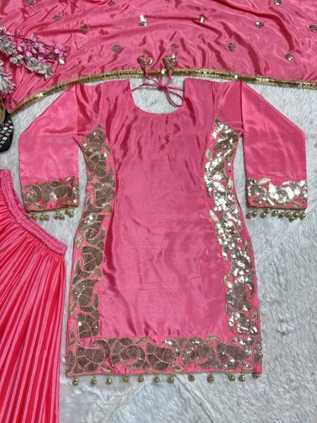 Fully Stitched Heavy Chinnon Silk Sharara Outfit with Embroidered Dupatta For Women Ready To Wear Collection