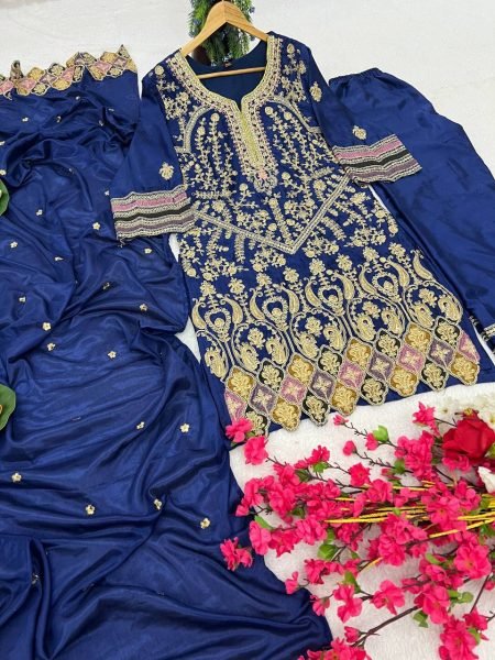 Fully Stitched Heavy Pure Chinon Silk suit Set with Embroidered Dupatta   Sequins Work Wedding  Party   Festive Outfit  Ready To Wear Collection