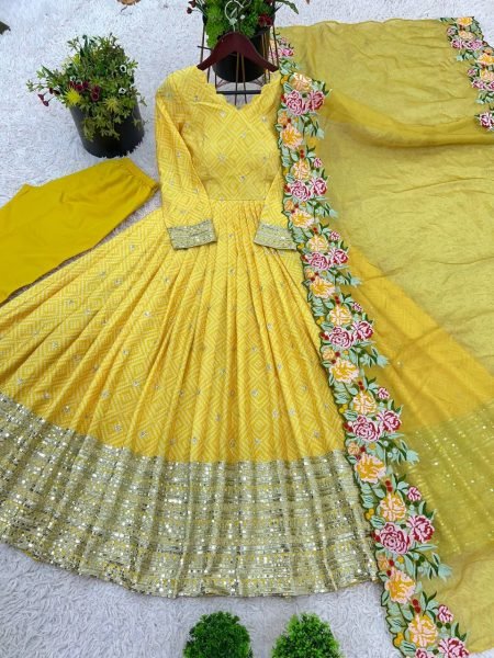 Fully Stitched Party Gowns Exclusive Fox Georgette Collection with Embroidery Online Wholesale Garment Supplier in Surat Anarkali Kurtis 