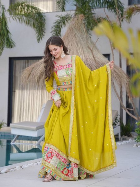 Fully Stitched Partywear Lehenga in Vichitra Silk with Dupatta 