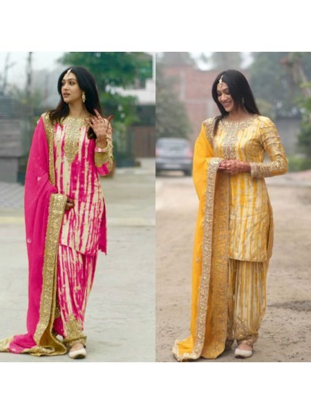 Fully Stitched Pure Chinnon Silk With Digital Print Patiala Suit Set With Handwork Dupatta Ready To Wear Collection