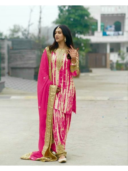 Fully Stitched Pure Chinnon Silk With Digital Print Patiala Suit Set With Handwork Dupatta Ready To Wear Collection