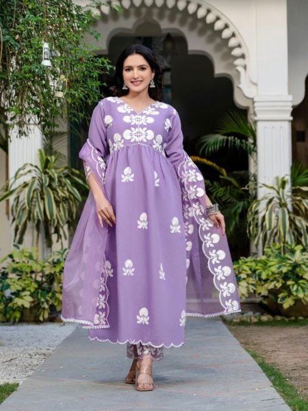 Fully Stitched Roman Silk Embroidered Suit with A Line Kurta   Dupatta Set Manufacturer Rate 