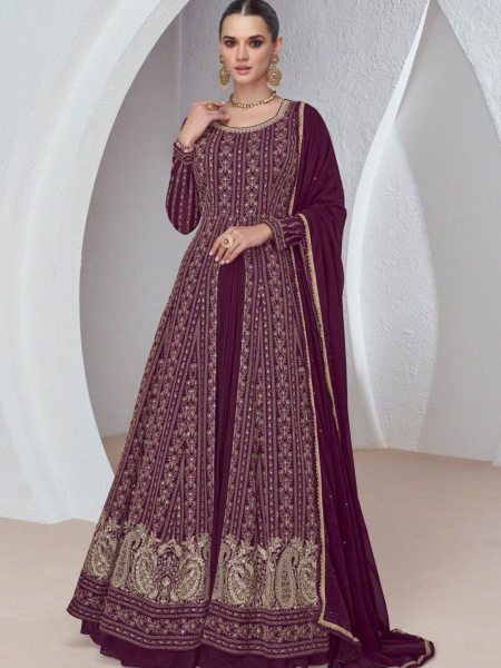 Fully Stitched Wine Color Georgette Gown Pant With Dupatta  Anarakali Gown Wholesale