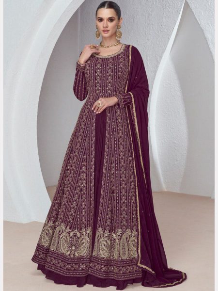 Fully Stitched Wine Color Georgette Gown Pant With Dupatta  Anarakali Gown Wholesale