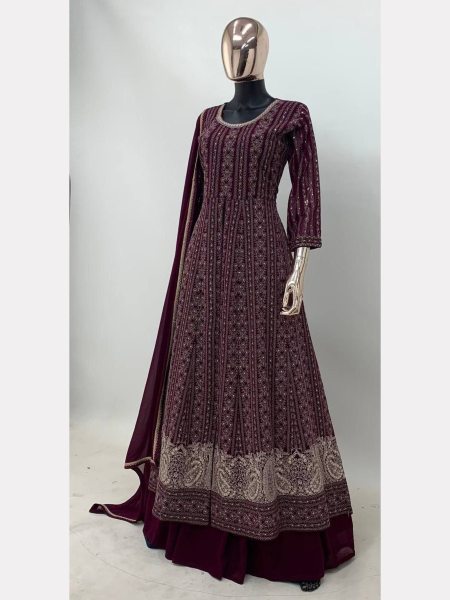 Fully Stitched Wine Color Georgette Gown Pant With Dupatta  Anarakali Gown Wholesale