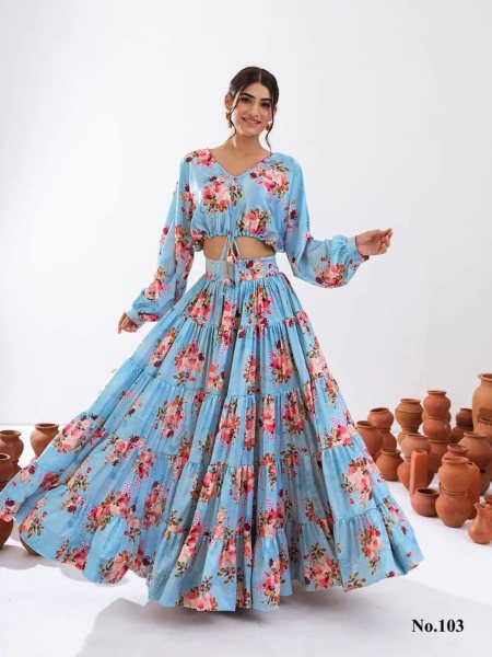 Sky Blue ReadyMade Heavy Chinon Printed Lehenga Choli  Designer Lehenga Choli