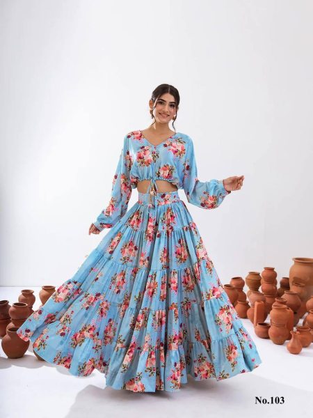 Sky Blue ReadyMade Heavy Chinon Printed Lehenga Choli  Designer Lehenga Choli