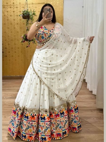 white georgette lehenga choli heavy gamathi work for navratri Look  Lehenga