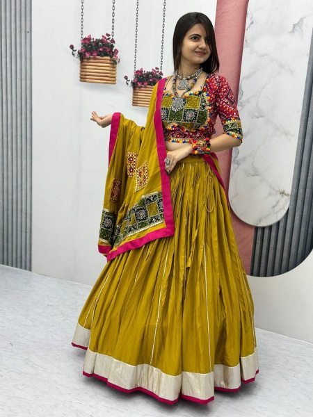 garba look cotton lehenga choli in mustard yellow with foil print and gamthi lace dupatta 