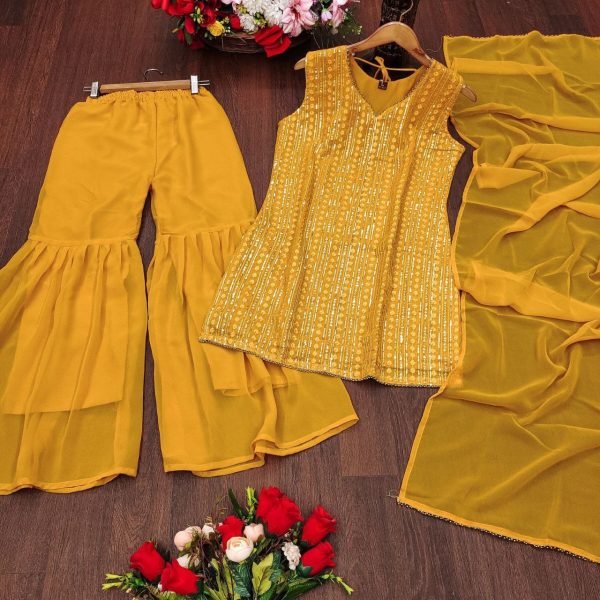 Georgette Embroidered Sharara Set With Dupatta 3 Piece Kurti Set