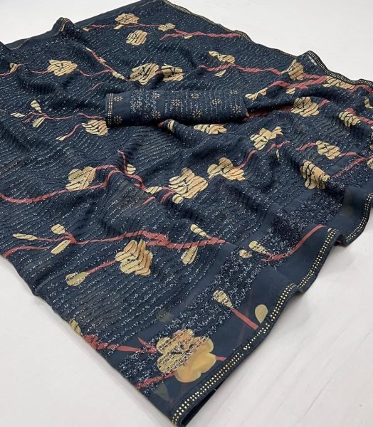 Georgette Flower Mill Print Fancy Work Saree  Georgette Sarees Wholesale