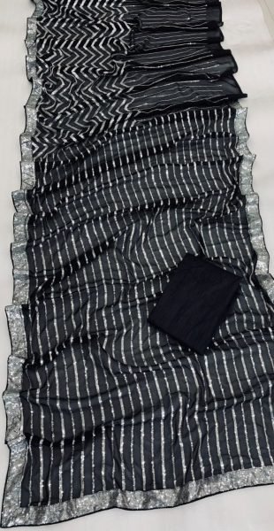 Georgette Reception Saree in Black and Silver with Thread work Georgette Sarees Wholesale