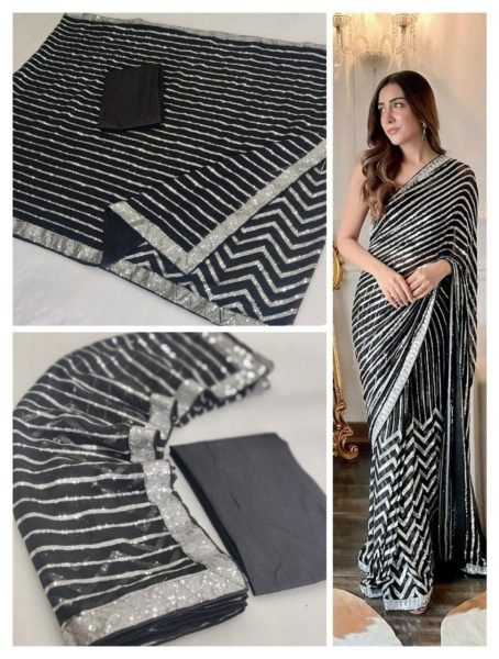 Georgette Reception Saree in Black and Silver with Thread work Georgette Sarees Wholesale