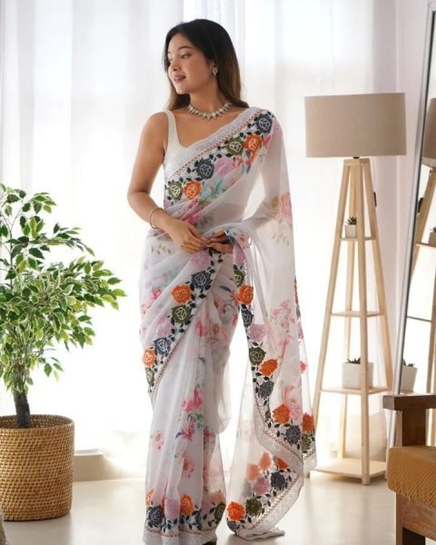 Georgette With Digital print Sequance embroidery Saree Georgette Sarees Wholesale