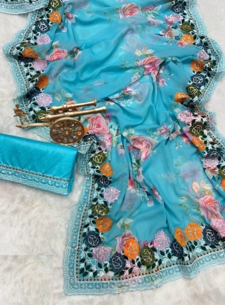 Georgette With Digital print Sequance embroidery Saree Georgette Sarees Wholesale