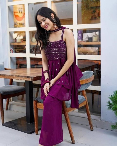 Mirror Work Georgette Kurti Plazzo Set Ready To Wear Collection