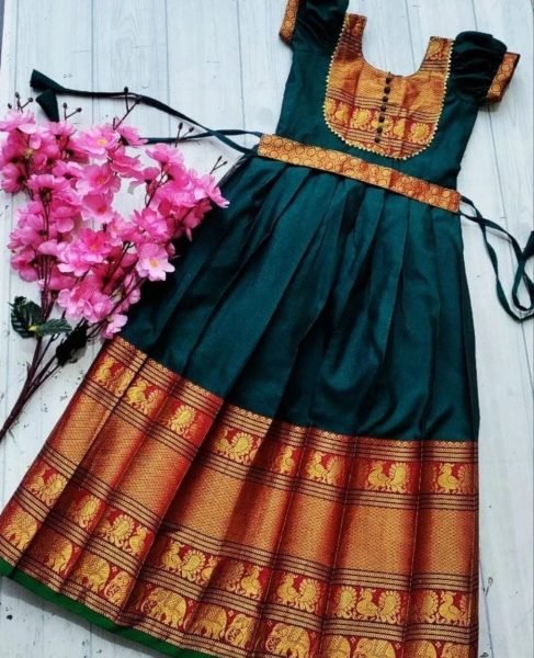 Girls Beautifully Stitched Narayan Pet Zari Weaving Gown Girls Wear