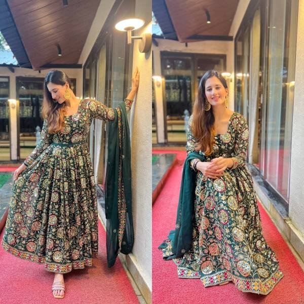 Glamora Green Georgette Anarkali Suit with 5mm Sequin Embroidery for Ceremonial Ready To Wear Collection
