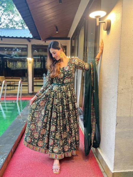 Glamora Green Georgette Anarkali Suit with 5mm Sequin Embroidery for Ceremonial Ready To Wear Collection